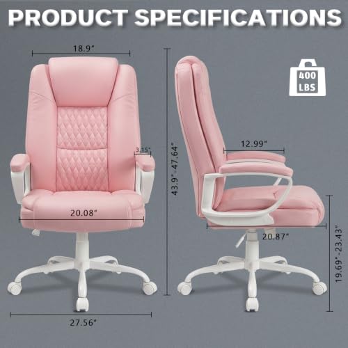 Home Office Executive Desk Chair, High Back PU Leather Chair, Height Adjustable Swivel Computer Chair with Padded Armrest, Pink - color: Pink