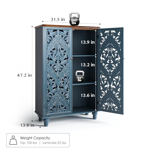 Jiansu furni Buffet Sideboard Cabinet with Hand-Carved Doors,Tall Storage Cabinet for Dining Room, Vintage Wood Accent Cabinet with Shelves, Slim Floor Cupboard for Kitchen & Entryway(Blue & Walnut) - color: Blue & Walnut_2 Doors Tall