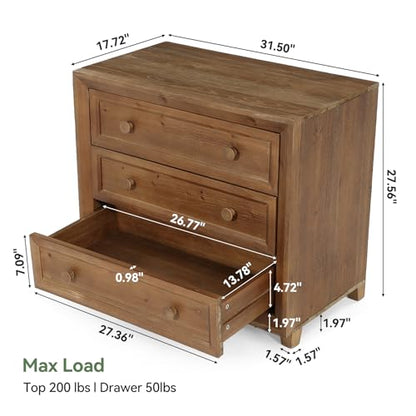 Solid Wood Nightstand with 3 Drawers, 31.5” Wide Bedside Table with Round Wooden Knobs & Low-Profile Legs for Stability, Mid-Century Modern Night Table for Bedroom, Easy Assembly