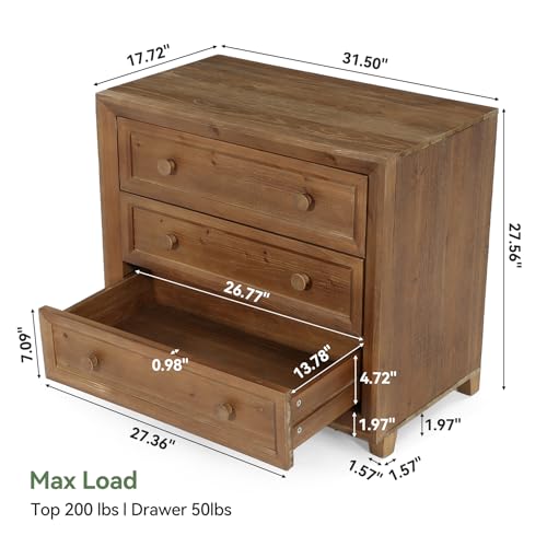 Solid Wood Nightstand with 3 Drawers, 31.5” Wide Bedside Table with Round Wooden Knobs & Low-Profile Legs for Stability, Mid-Century Modern Night Table for Bedroom, Easy Assembly