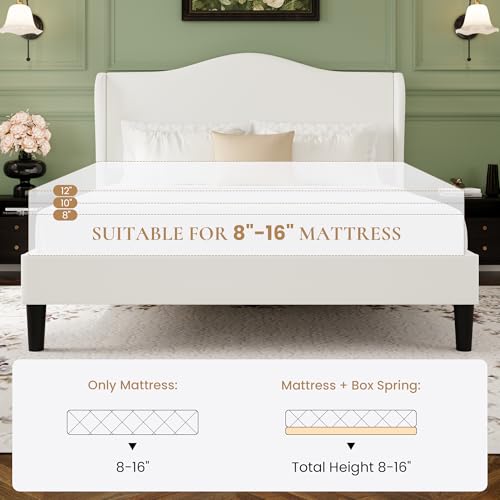 SHA CERLIN Queen Size Bed Frame with Curved Wingback Headboard,Soft White | Modern Luxury Design Velvet Platform Bed with Sturdy Wooden Slats,Noise-Free, No Box Spring Needed, Easy Assembly - color: Soft White, size: Queen