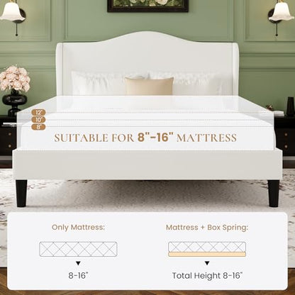SHA CERLIN Queen Size Bed Frame with Curved Wingback Headboard,Soft White | Modern Luxury Design Velvet Platform Bed with Sturdy Wooden Slats,Noise-Free, No Box Spring Needed, Easy Assembly - color: Soft White, size: Queen