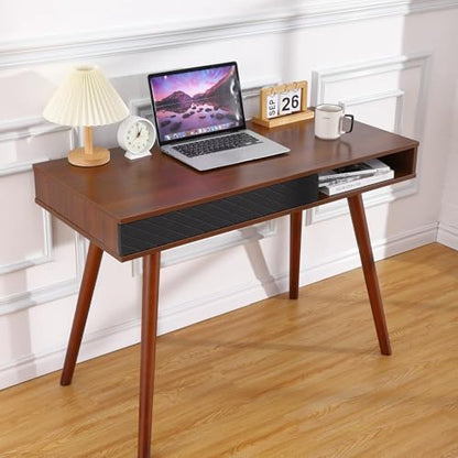 42.5 Inch Small Home Office Desk with Drawers, Mid Century Modern Minimalist Writing Desk, Slim Wood Computer Table with Storage for Apartments, Dorms, Easy to Assemble, Walnut