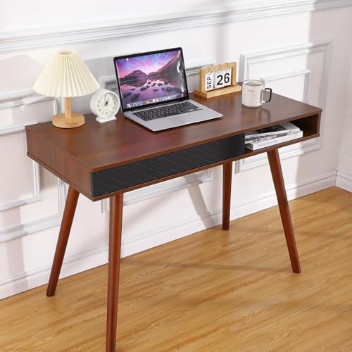 42.5 Inch Small Home Office Desk with Drawers, Mid Century Modern Minimalist Writing Desk, Slim Wood Computer Table with Storage for Apartments, Dorms, Easy to Assemble, Walnut