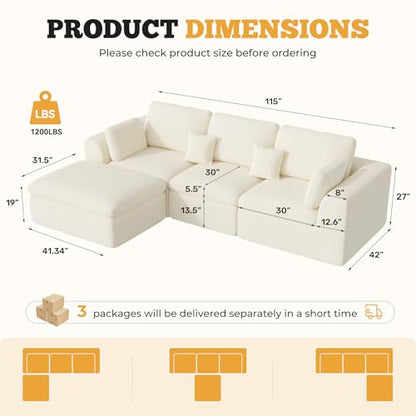 Luxanimarion 115" Cloud Boneless Sectional Couch, Deep Seat L Shaped Modular Couch with Ottoman, Oversized Upholstered Convertible 4 Seater Modular Sofa for Living Room,Black Chenille - color: Beige, size: 3 Seater + 1 Ottoman