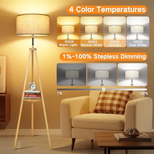 OUTON Wood Tripod Floor Lamp with Shelves, Mid Century LED Modern Dimmable Floor Lamp with Remote Control, Sturdy Tall Standing Lamp with Beige Lamp Shade for Living Room, Bedroom, Office - color: Wood & Touch Control