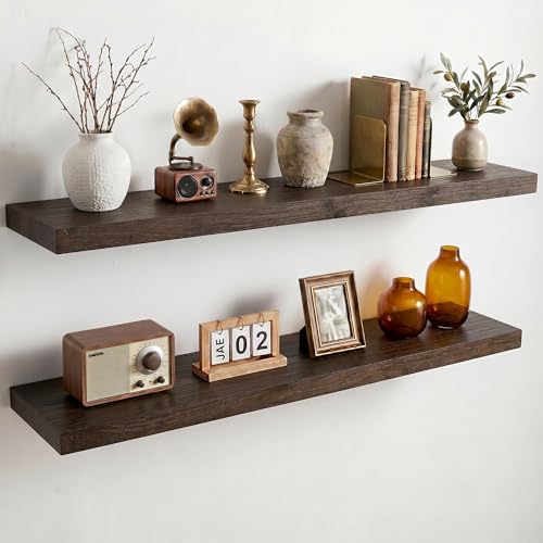 Dreamland 36 Inch Long Floating Shelves Set of 2, Rustic Solid Elm Wood Floating Shelf Wall Mounted, 8 Inch Deep Wooden Wall Shelves for Living Room, Bedroom, Bathroom, Kitchen, Walnut - color: Walnut, size: Flat Edge - 36"L
