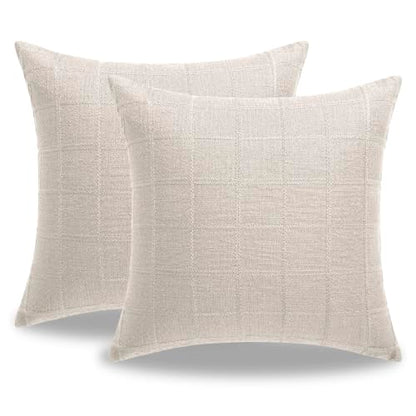 Linen Burlap Textured Pillow Covers 20x20 Inch Beige Set of 2 | Plaid Pillow Covers with Hidden Zipper,Soft Farmhouse Cushion Covers for Couch Sofa Living Room Bedroom,Machine Washable - color: Beige, size: 20" x 20" (Pack of 2)