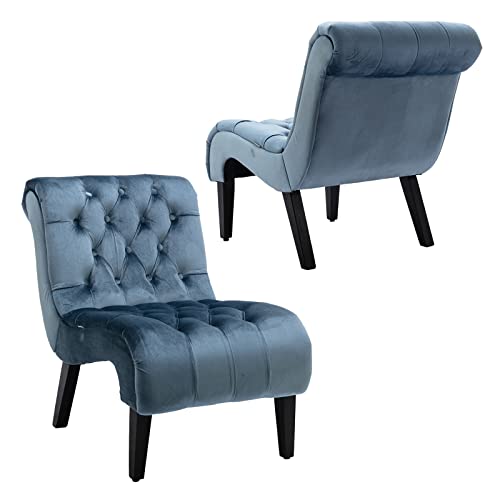 Comfy Velvet Accent Chair Set of 2, Tufted Armless Chair with Rolled Edge | Modern Small Lounger for Living Room, Upholstered Reading Chaise Lounge with Solid Rubber Wood Legs, Light Blue - color: Blue, size: Set of 2