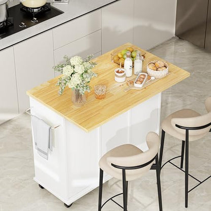 Shintenchi Kitchen Island with Storage, Bar Cart Cabinet Island Table on Wheels, Rolling Microwave Cart for Kitchen with Drop Leaf, Drawers, Towel Rack, Seating Area for Dining Room, White - color: White-42 Inch