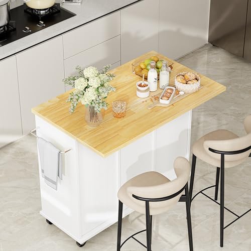 Shintenchi Kitchen Island with Storage, Bar Cart Cabinet Island Table on Wheels, Rolling Microwave Cart for Kitchen with Drop Leaf, Drawers, Towel Rack, Seating Area for Dining Room, White - color: White-42 Inch