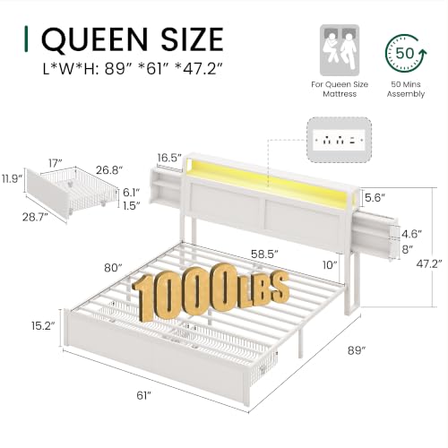 Queen Size Wooden Bed Frame with Storage Drawer and LED Headboard | 2-Tier Hidden Storage, White Finish, Ergonomic Headboard, Charging Station, No Box Spring Needed, Easy Assembly - color: White, size: Queen (U.S. Standard)