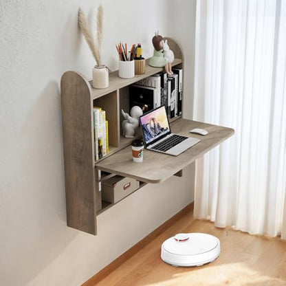 Wall Mounted Drop-Leaf Table, Floating Laptop Desk, Folding Table with Shelves, Multifunctional Computer Workstation with Storage Compartments in Home Office for Space Saving (Rustic Oak) - color: Rustic Oak