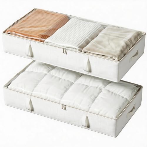 Side-Supported Under Bed Storage Containers, 8 Inch 80L Clothes Storage Bin | Underbed Storage Bin with Sturdy Handles and Sidewalls, Closet Organizer for Clothes, Blankets, Seasonal Items, Beige, 2 Pack - color: Beige, size: 8 Inches Tall