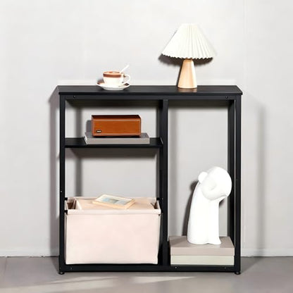 HOOBRO Narrow Console Table with Storage Basket, 29.5" Small Entryway Table with 3-Tier Storage Shelves, Behind Couch Sofa Table, Hallway Table for Living Room, Black and Beige BB60XG01
