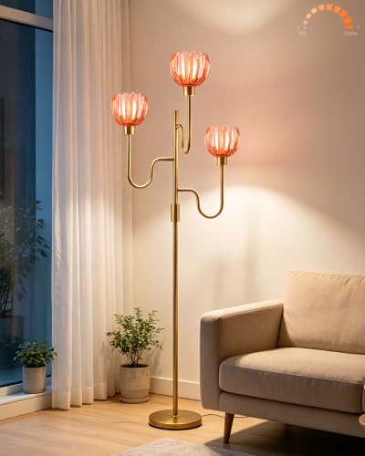 Lightdot Dimmable Red Glass Floor Lamp Mid Century Modern Gold Floor Lamps with Warm White Bulbs Included 3-Arm Standing Tall Lamp with 5Lbs Heavy Base for Living Room/Bedroom/Home Office - color: 3 Red Tulip-Gold