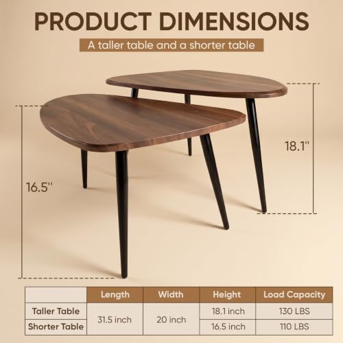 Nesting Coffee Table Set,Mid Century Modern Coffee Nesting Table | Solid Wood Triangle Oval Center Table for Small Living Room Apartment Balcony, Walnut