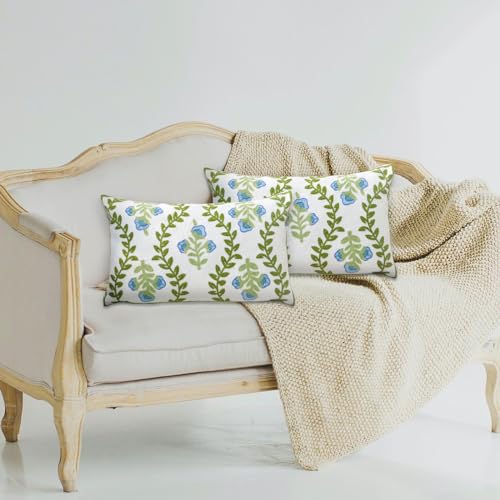 Set of 2 Embroidered Decorative Throw Pillow Covers Couch Square Pillowcases Cushion for Bedroom Sofa Farmhouse Decor 12x20 Inch (Blue Floral-Lumbar) - color: Blue Floral-lumbar