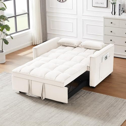 55" Pull Out Sleeper Sofa, Velvet Loveseat with Side Pockets, White | Velvet upholstery, 5-level adjustable back, Pull-out bed design, Sturdy frame with side pockets - color: White