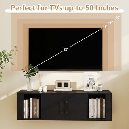 GOFLAME Floating TV Stand, Wall Mounted TV Console Table with Doors, Entertainment Media Center Under TV, Modern TV Cabinet for Living Room, Bedroom, Office, Black - color: Black