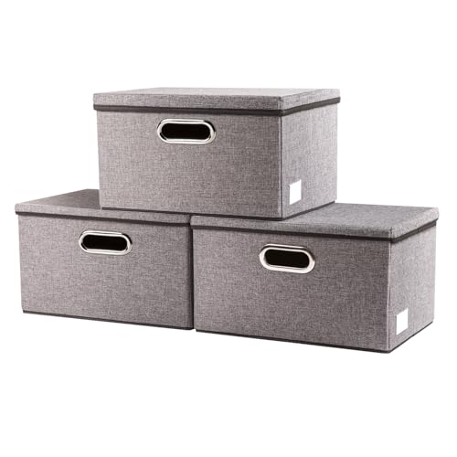 Storage Bins with Lids [3-Pack] Linen Fabric Foldable Storage Boxes Organizer Containers Baskets Cube with Cover for Home Bedroom Closet Office Nursery Grey（11.4X8.6X6.7 - color: Gray, size: S(3-Pack)