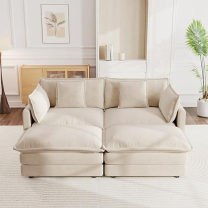 Aoowow Modular Sectional Sofa Modern Convertible Loveseat Couch,77.16 Inch Deep 2-Seater Sofas Comfy Chenille Cloud Sofas and Couches Set with 2 Movable Ottoman for Living Room Apartment（Light Coffee） - color: Light Coffee, size: 2 Seat + 2 Ottoman