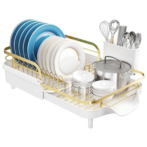 SNTD Expandable Dish Drying Rack for Kitchen Counter, 15.2-22.1 in, Gold | Rust-Resistant Stainless Steel, Protective Side Rails, Self-Draining Drainboard, Removable Utensil Holder - color: Gold