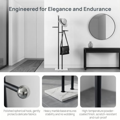 Entryway Coat Rack Freestanding, Black Metal Marble Base | 1.0mm thickened black metal tree with 8 stainless steel hooks. Anti-toppling heavy marble base for modern entryway. - color: black and white