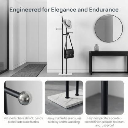Entryway Coat Rack Freestanding, Black Metal Marble Base | 1.0mm thickened black metal tree with 8 stainless steel hooks. Anti-toppling heavy marble base for modern entryway. - color: black and white