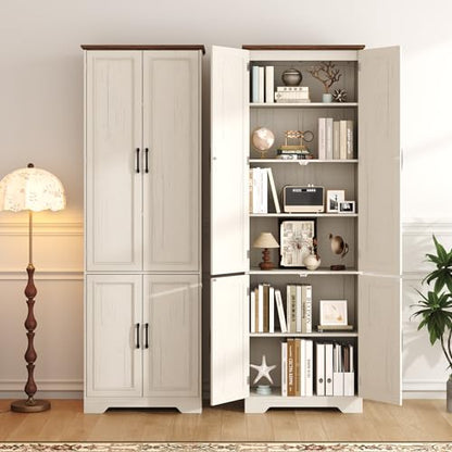 Function Home 182.9cm(72인치) 주방 식료품 저장실 캐비닛, 문과 조절 가능한 선반이 있는 톨 우드 팜하우스 보관 캐비닛, 주방 다이닝 거실 욕실용 6단 독립형 찬장, 앤티크 화이트 - color: 앤티크 화이트, size: 24"Wx11.81"Dx72"H