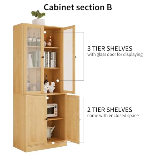 TUSY 71" TV Stand Storage Set - 2 Tall Bookcases & 2 Side Cabinets, Media Console with Glass & Wood Doors, Entertainment Center with Drawers, Tall Media Console for Living Room (Wood, AEEA) - color: Wood