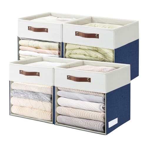 Storage Cubes, 4 Pack Linen Foldable Storage Bins with Clear Window and 2 Handles, 13x15x13 Storage Cube Bins for Shelf Closet, Kallax, Clothes, Books - (Navy Blue / Off-White) - color: Navy Blue / Off-White, size: 13 x 15 x 13