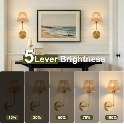 Battery Operated Wall Sconces Set of 2, Rattan Shade, Gold, 18.5in | Wireless, RGB Rechargeable Dimmable, Boho Style, For Bedroom, Living Room, Hallway, Bulbs Included - color: Gold 18.5in