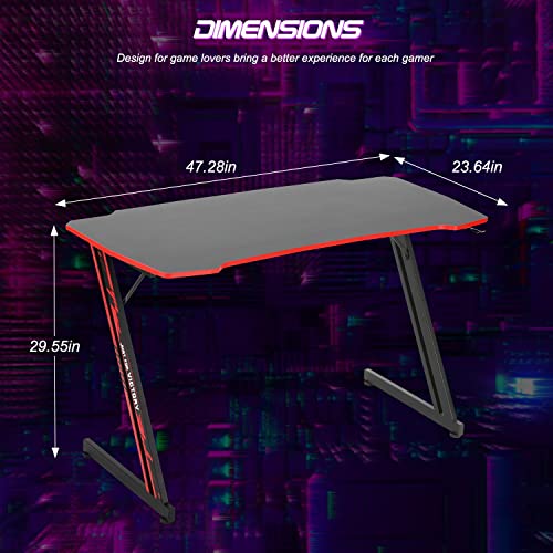 BestOffice | 47" Gaming Table | Red | Z-Shaped Computer Desk | with Steel Frame, Headphone Hook, Adjustable Feet | Carbon Fiber Texture| Easy to Clean | for Gaming, Home Office - color: Red, size: 47 Inch Z Shaped