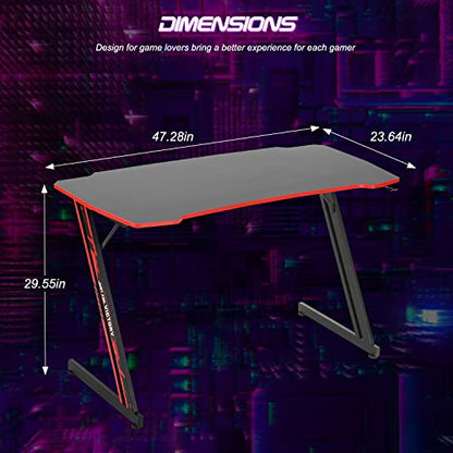 BestOffice | 47" Gaming Table | Red | Z-Shaped Computer Desk | with Steel Frame, Headphone Hook, Adjustable Feet | Carbon Fiber Texture| Easy to Clean | for Gaming, Home Office - color: Red, size: 47 Inch Z Shaped