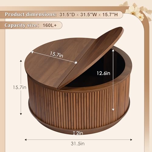 LYNCOHOME 31.5'' Fluted Flip Top Round Coffee Table with Storage, Circle Coffee Table, Modern Coffee Table for Living Room, Center Table for Living Room, Home Office, Dark Brown, Walnut