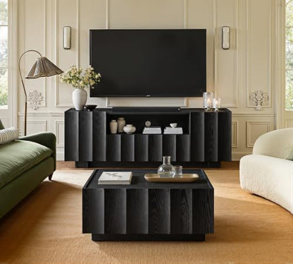 win2win 61" Modern TV Stand with Storage, Wave Design, Black | Media TV Console for Living Room Bedroom, Entertainment Center for 70 Inch TV, Wood Grain Finish, Adjustable Shelves - color: Black