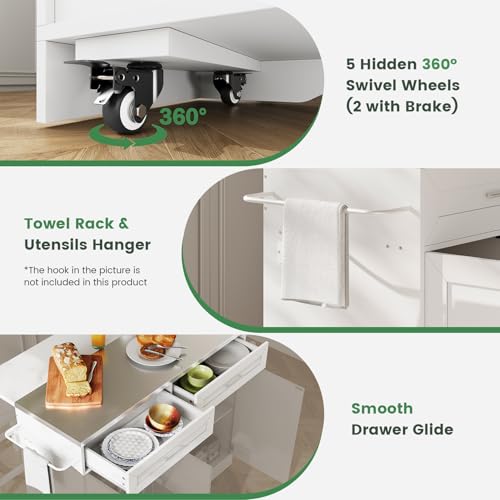 Dripex 41'' Kitchen Islands Foldable with Stainless Steel Top & Seating, Rolling Island Table for Kitchen with Drop Leaf, Bar Stool, Power Outlet, Adjustable Storage Shelves, Spice Rack, White - color: White