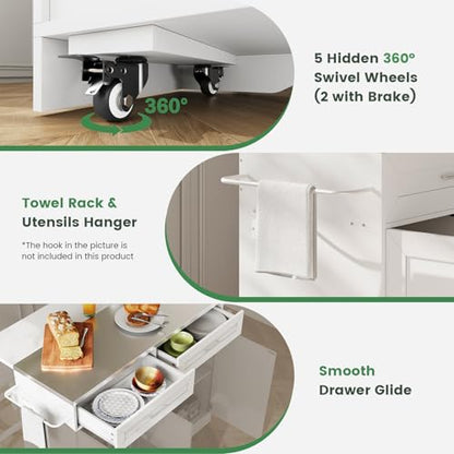 Dripex 41'' Kitchen Islands Foldable with Stainless Steel Top & Seating, Rolling Island Table for Kitchen with Drop Leaf, Bar Stool, Power Outlet, Adjustable Storage Shelves, Spice Rack, White - color: White