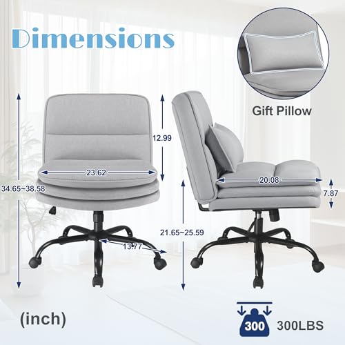 Furmax Criss Cross Legged Office Chair with Wheels, Armless Extra Wide Seat Swivel Desk Chair, Adjustable Height Comfy Task Chair with Thick Cushion for Home Office Bedroom Vanity (Fabric, Grey) - color: Grey