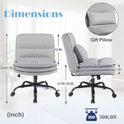 Furmax Criss Cross Legged Office Chair with Wheels, Armless Extra Wide Seat Swivel Desk Chair, Adjustable Height Comfy Task Chair with Thick Cushion for Home Office Bedroom Vanity (Fabric, Grey) - color: Grey