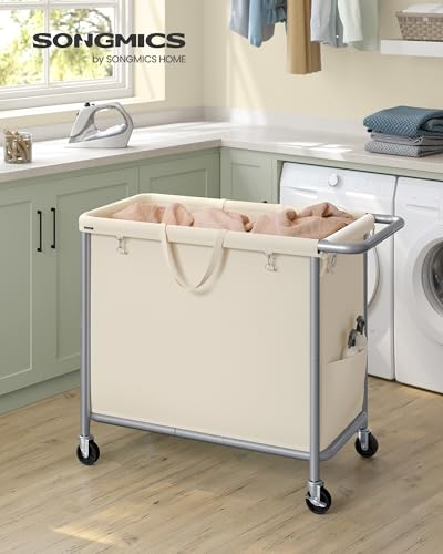 SONGMICS Laundry Basket with Wheels, Rolling Laundry Hamper, 47.5 Gallons (180 L), Removable Liner, Steel Frame with Handle, 31.5 x 15.4 x 31.9 Inches, Cream White URLS011W01 - color: Cream White, size: 180 L (1-Section)