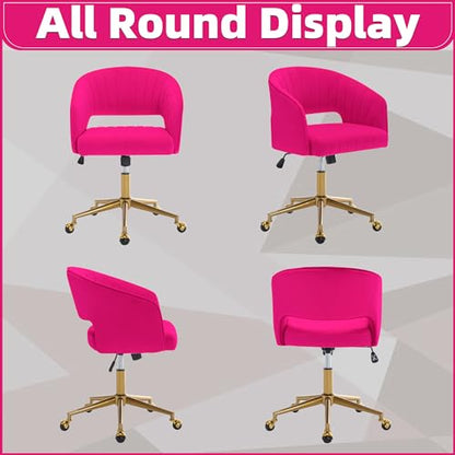 Desk Chair with Wheels, Gold Base, Velvet Accent Vanity Armchair, Hot Pink | Spacious‌ Soft Seat, Swivel Height Adjustable, Rocking Function, Modern Stripe for Girls &Women Bedroom Makeup or Nail - color: Hot Pink Velvet