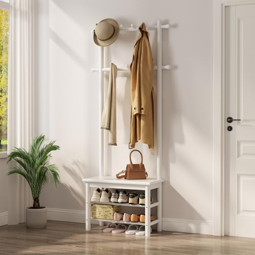 AQIMUELE Coat Rack with Shoe Storage, Narrow Wooden Hall Tree with Bench, 11 Hooks and 2-Tier Storage Shelves, 3-in-1, Entryway Bench with Coat Rack (23.6"-Deep White) - color: White, size: 23.6"