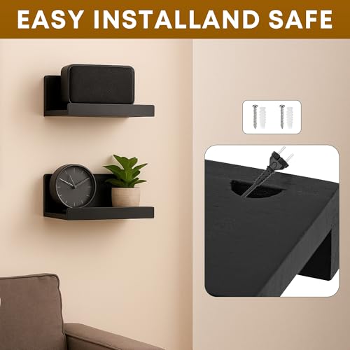 Floating Wall Shelves Set of 2, 12-Inch Solid Wood Shelves with Cable Holes, Small Display Shelf for Router, Webcam, Smart Speaker, Camera – Black - color: Black, size: 12 Inch-2 Pcs