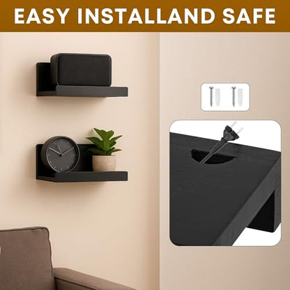 Floating Wall Shelves Set of 2, 12-Inch Solid Wood Shelves with Cable Holes, Small Display Shelf for Router, Webcam, Smart Speaker, Camera – Black - color: Black, size: 12 Inch-2 Pcs