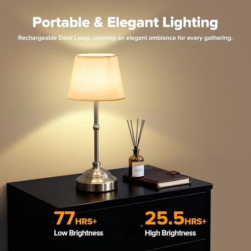 Cordless Table Lamp, Rechargeable Desk Lamp with Fabric Shade, Battery Operated Lamp 3 Color Stepless Dimming, Portable Touch Bedside Lamp Home Decor for Dining, Counter (Brushed Sliver) - color: Brushed Silver, size: 1 Pack