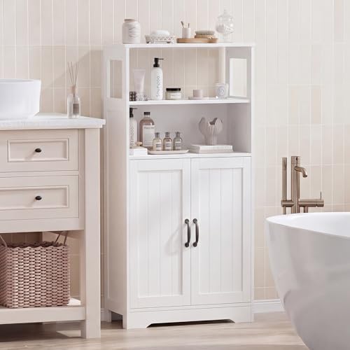GRUSIGN 43.3" H Bathroom Storage Cabinet with Doors, Freestanding Small Bathroom Cabinet Organizer, Farmhouse Cupboard, Adjustable Shelves, for Laundry Room, Kitchen, Living Room, White - size: 43"H with Door