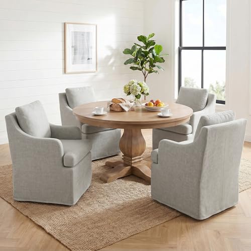 VKNOW Upholstered Dining Chairs Set of 4, Dining Room Chairs with Casters | Modern Rolling Dining Chairs with Armrest, Soft Chenille Fabric, Washable Cover, Easy Assembly, Living Room, Bedroom, Grey - color: Light Grey, size: 4