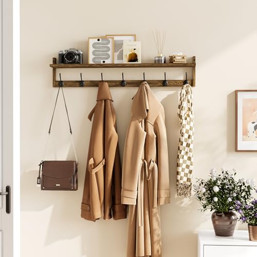 BAMEOS 35" L Wooden Coat Rack Wall Mount, Large Wall Coat Hooks with Shelf, Wall Hanging Shelf with 7 Dual Metal Hooks for Entryway, Bathroom, Kitchen, Living Room, Bedroom - style: Brown-35IN with shelf